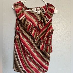 Villager by Liz Claiborne Ruffled Earth Tone Striped Sleeveless Top